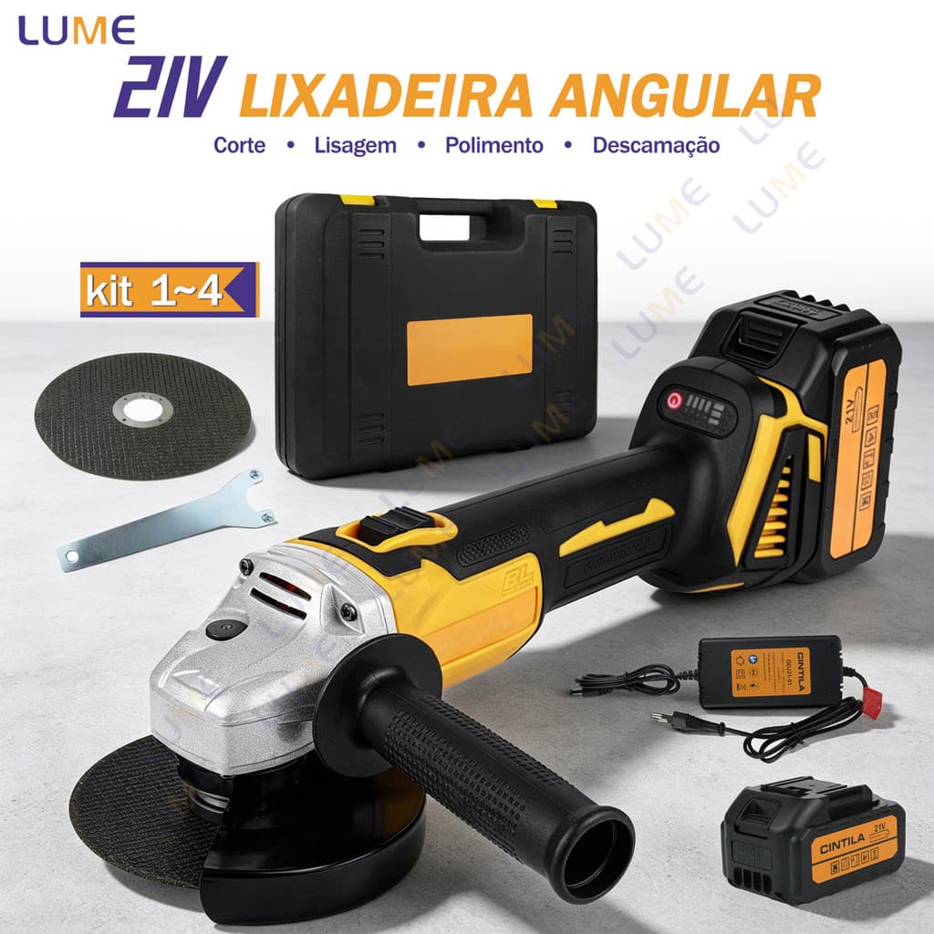 Esmerilhadeira Lixadeira Angular 21V Brushless 800W 8000rpm C/ 2 Baterias Lítio E 2 Discos De Corte