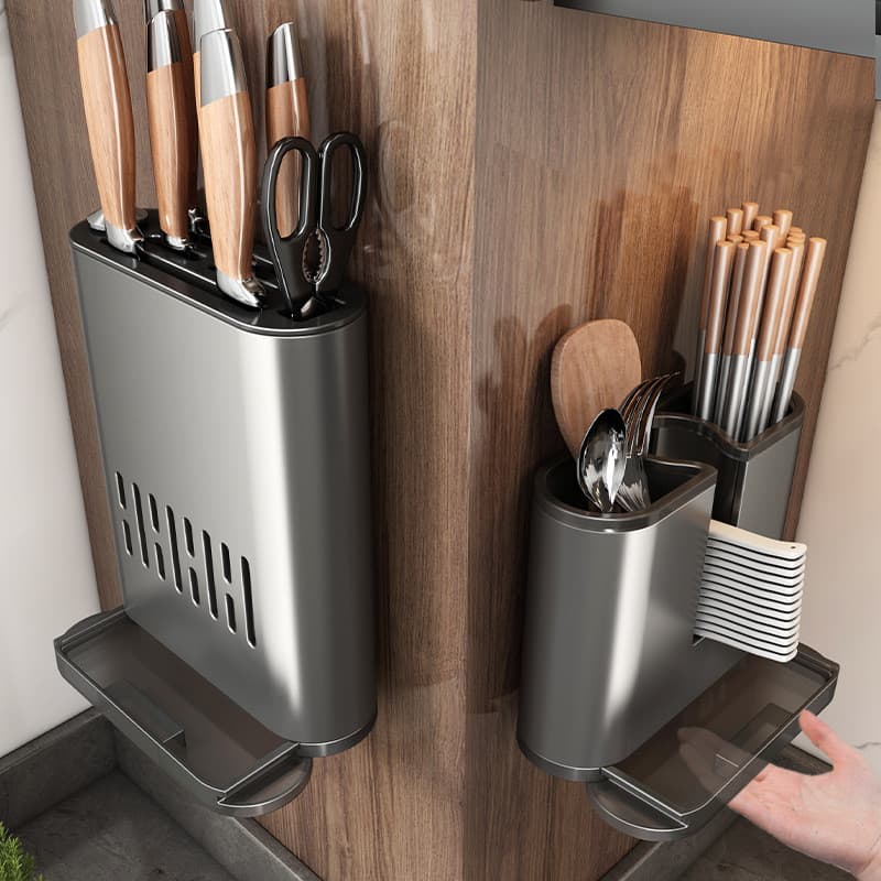 [Novo produto] Suporte para pauzinhos cinza para arma Prateleira de cozinha montada na parede Suporte para faca perfurad