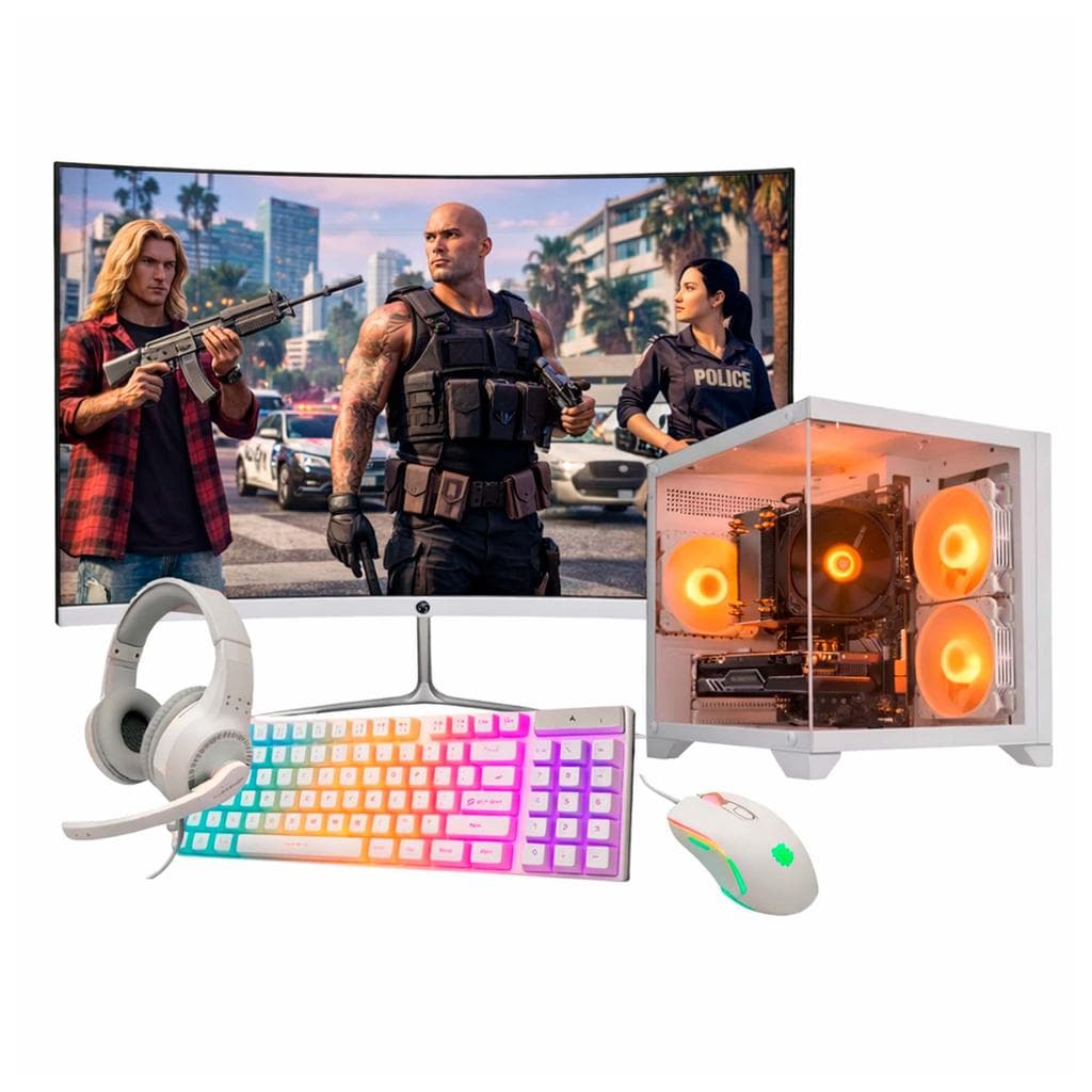 Computador GTA PC Gamer I5 SSD 240GB 16GB RX560 Monitor Led 23" Curvo Branco Wifi Bivolt