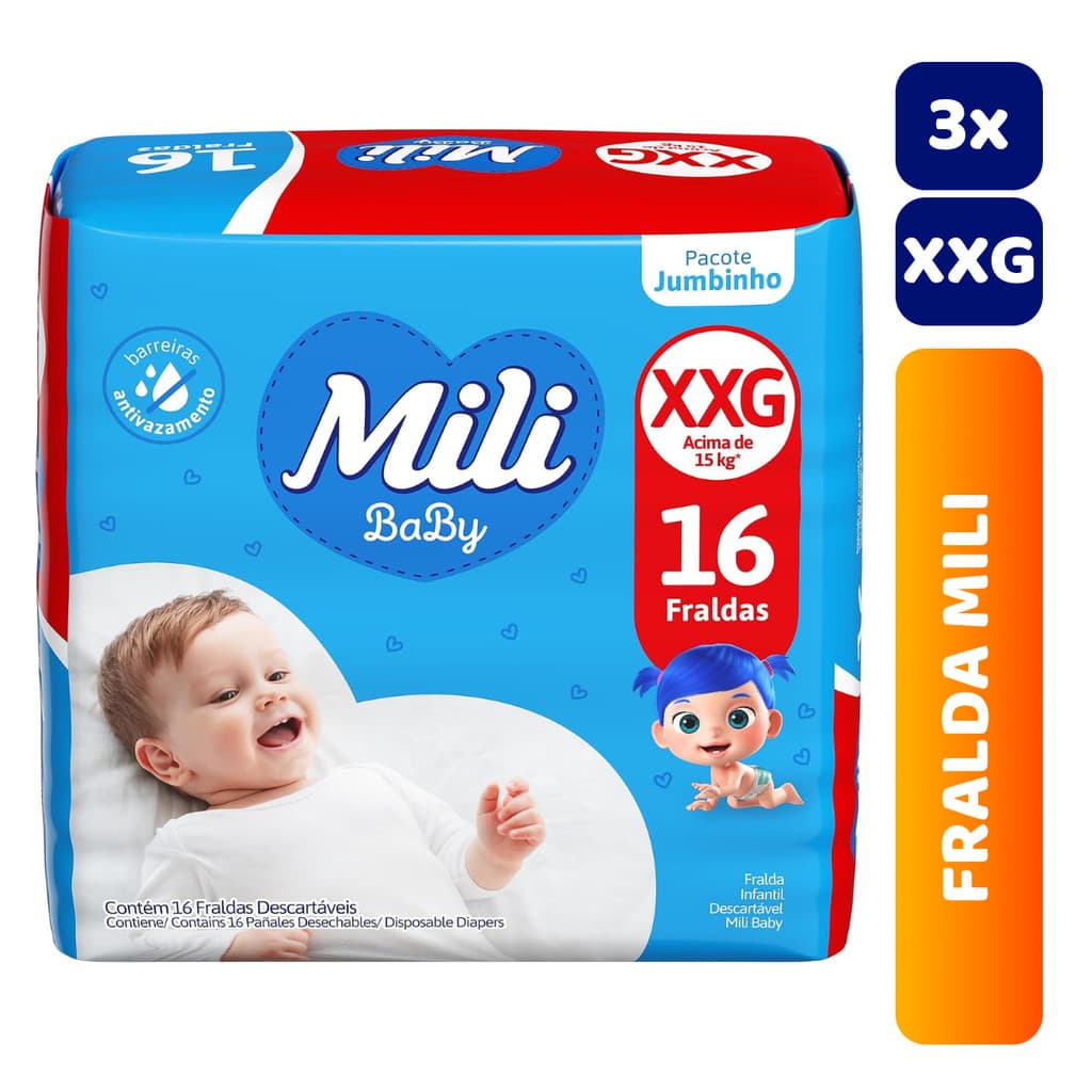 Kit 3x Fralda Infantil Mili Jumbinho Ultra Seca C/16 XXG