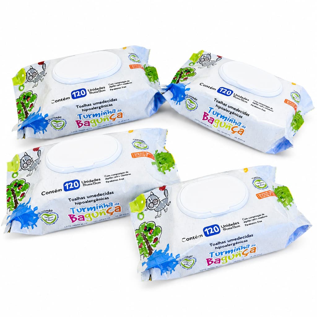 Kit 4 Lenços Umedecido Infantil Com Tampa Flip Top 120 Folhas - Limpeza Suave Pele Sensível Bebê - Turminha da Bagunça