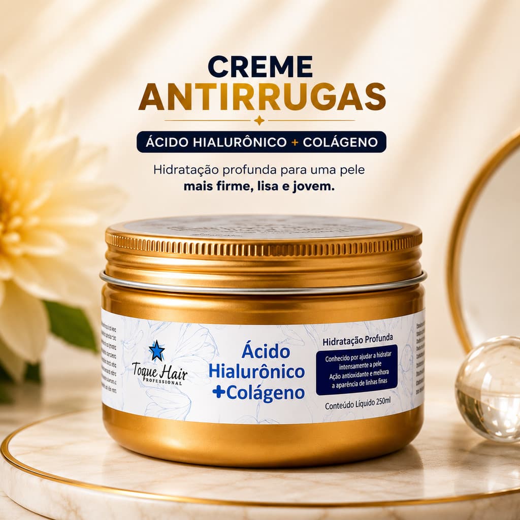 Creme Facial Anti-Idade com Ácido Hialurônico e Colágeno para Cuidar da Firmeza e da Hidratação da Pele.