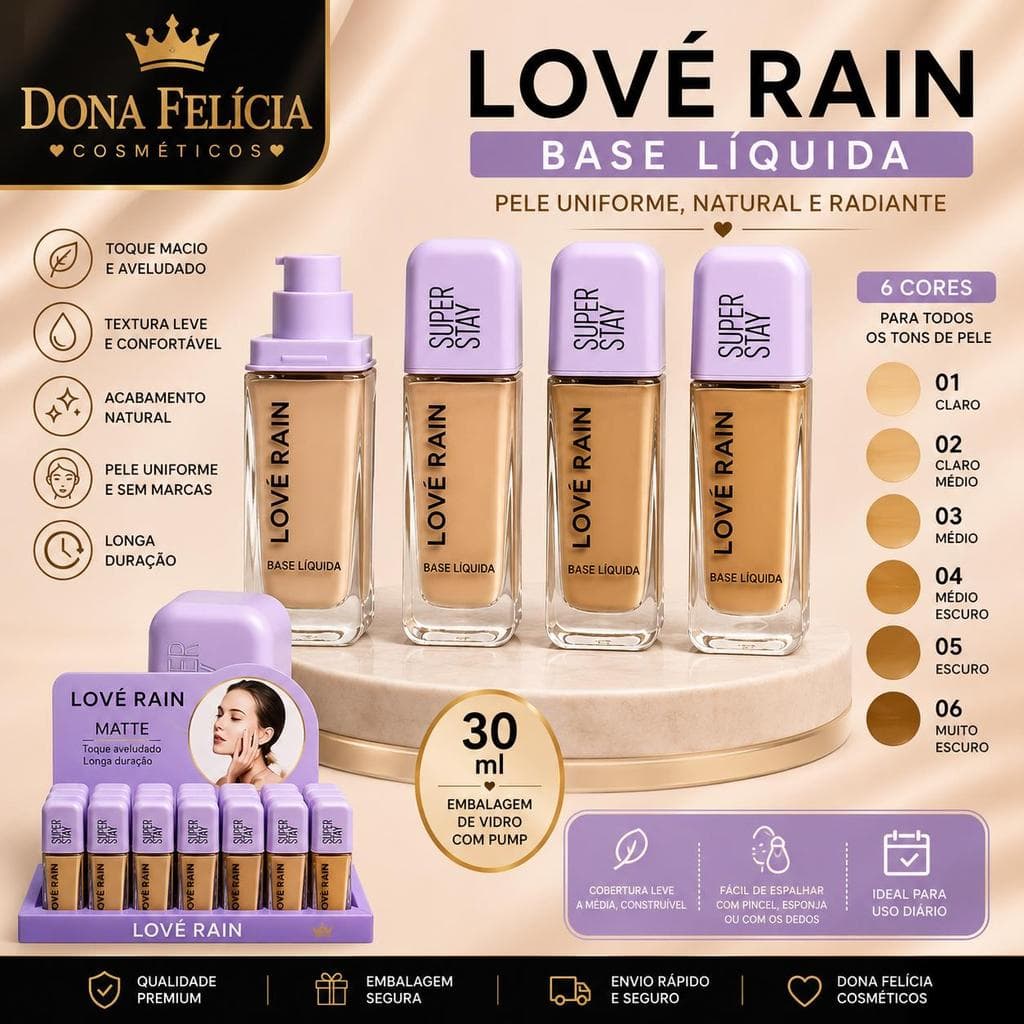 Base Líquida Love Rain Super Stay Matte 30ml Alta Cobertura Longa Duração