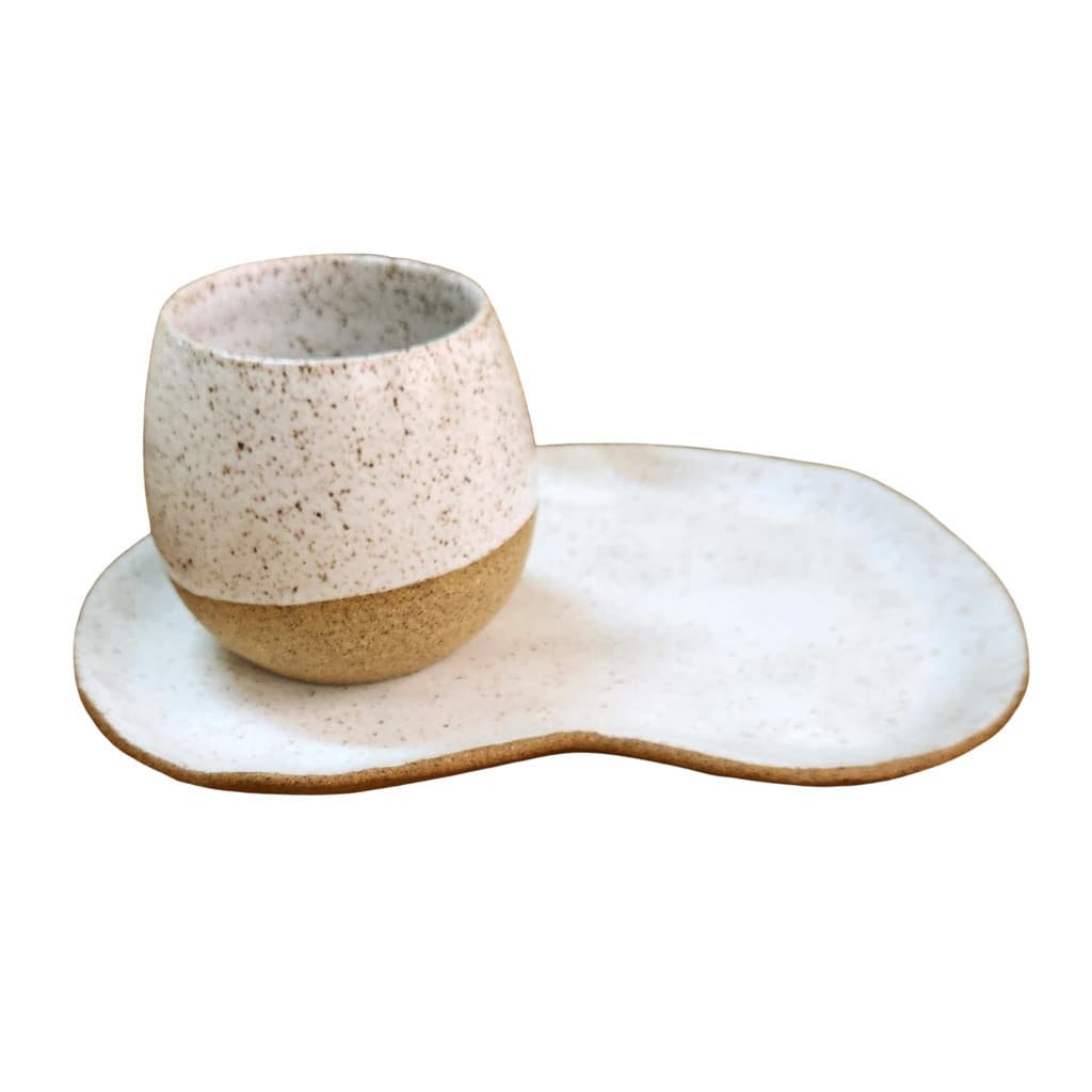 Conjunto Copo + Bandeja Orgânica Branca Cerâmica Artesanal Mesa Posta / Chá /Presente Decoração Café