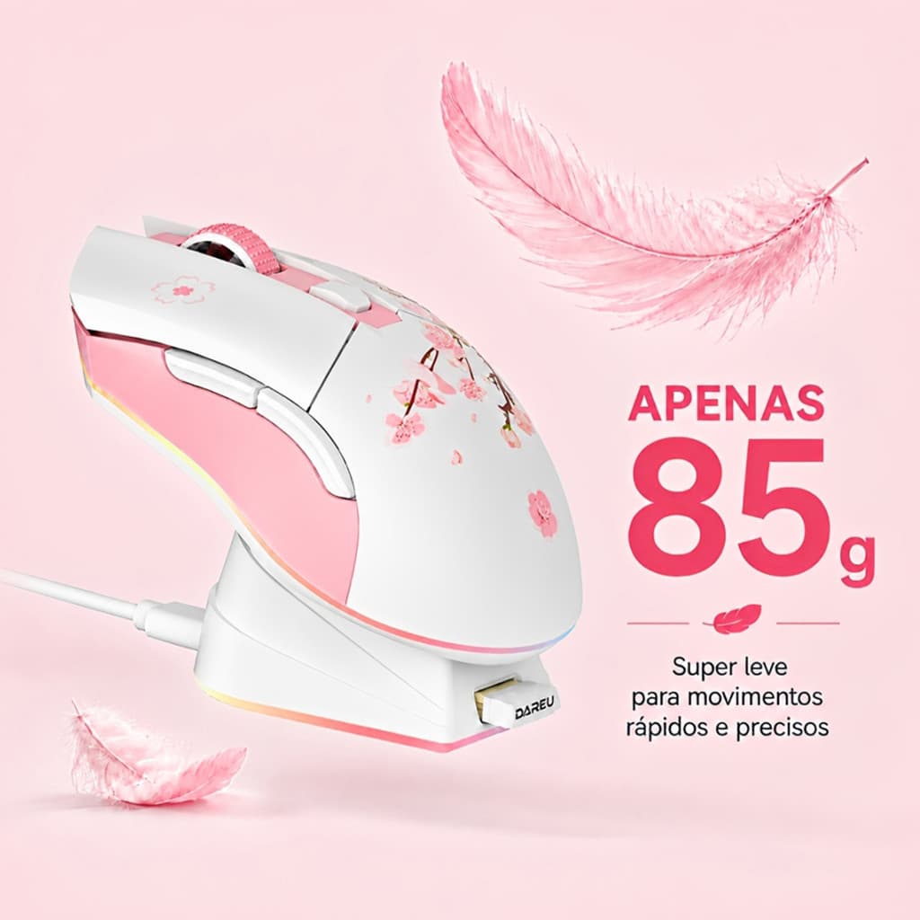 Mouse Gamer Recarregável Super Leve 85g Tip C com fio/Sem fio 2.4G 12000 Dpi 6 Botões Rgb Dock Carregamento Dareu EM901x
