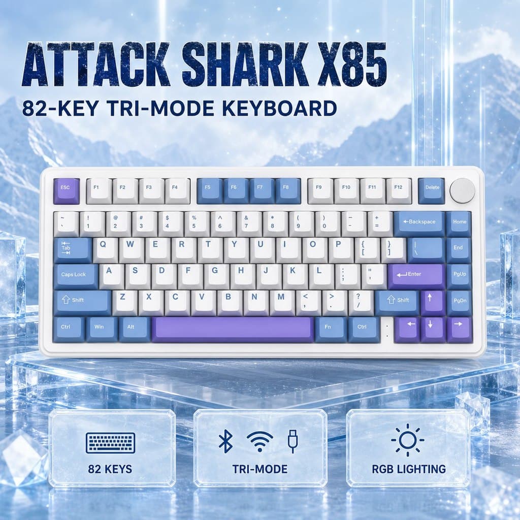 Teclado Mecânico Attack Shark X85, 82 Teclas, Tri-Mode, Switch Linear, Keycaps PBT e RGB