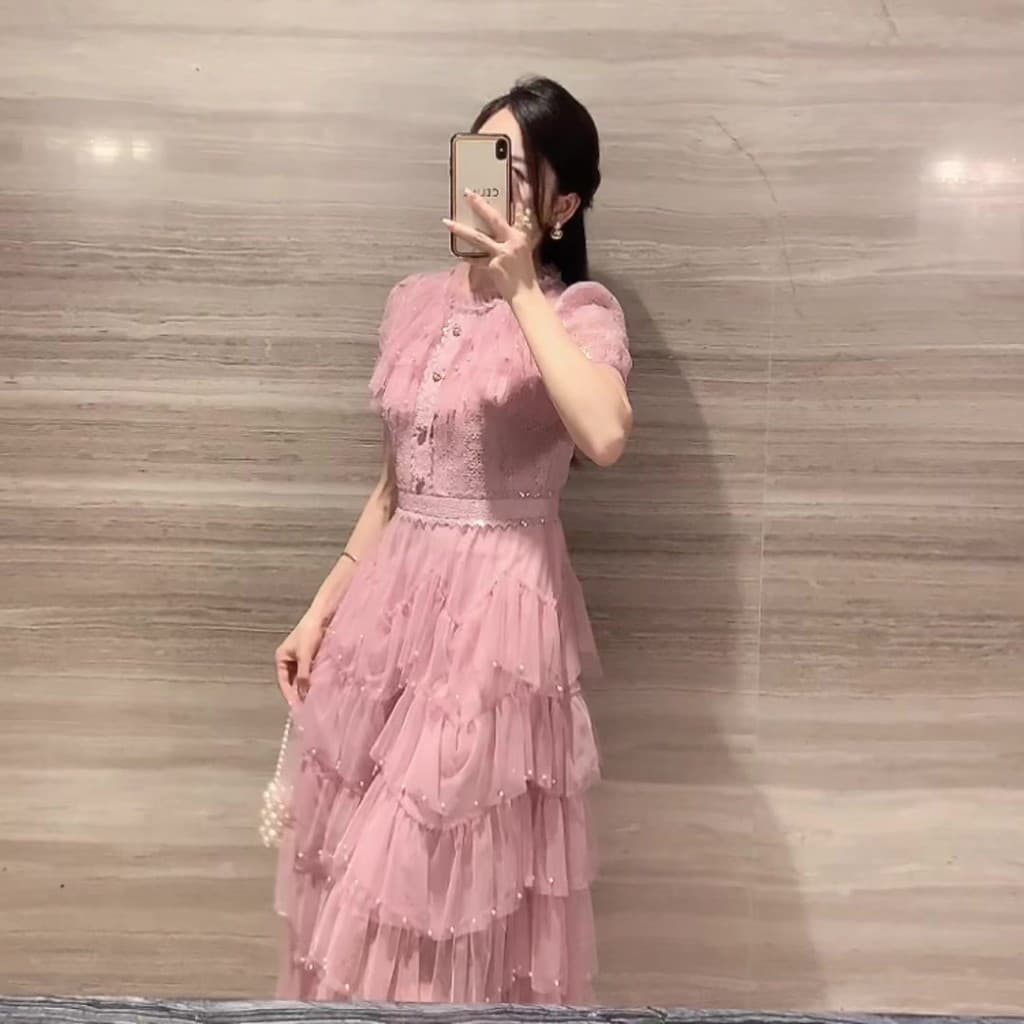 Vestido de Verão Feminino Rosa com Miçangas e Manga Curta, Estilo Francês Doce, Vestido Ocidental Justo na Cintura para 