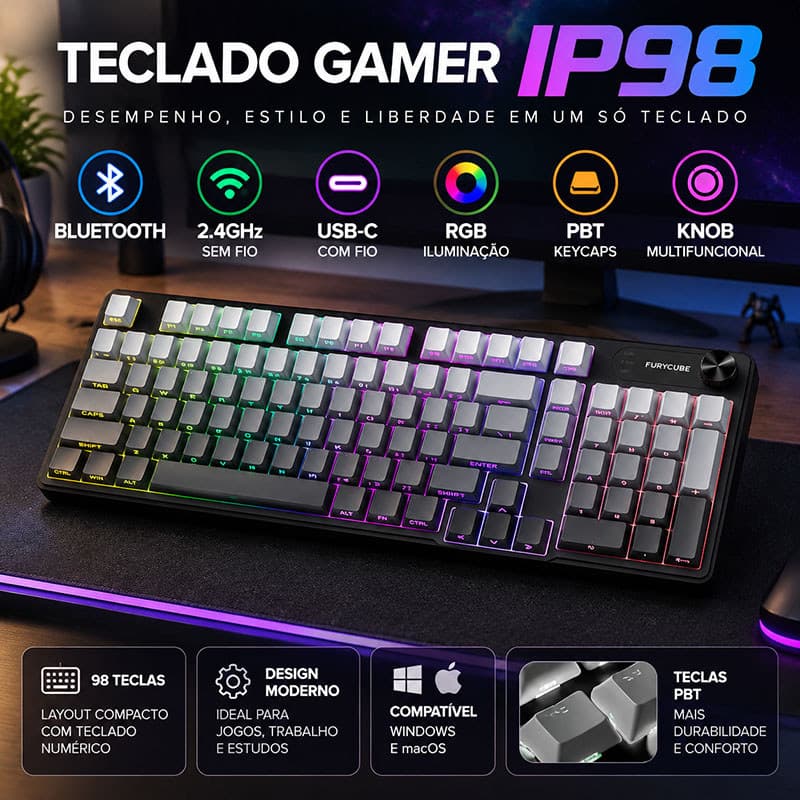 Teclado Gamer IP98 Com Sensação Mecânica Design Elegante E Atraente 3 Modos: Bluetooth + 2.4GHz + USB-C