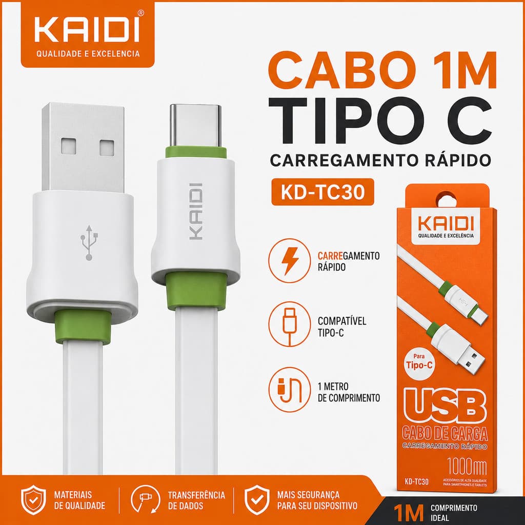 Cabo USB Tipo-C Kaidi Original KDTC30 - 1m para Carga Rápida e Transmissão de Dados