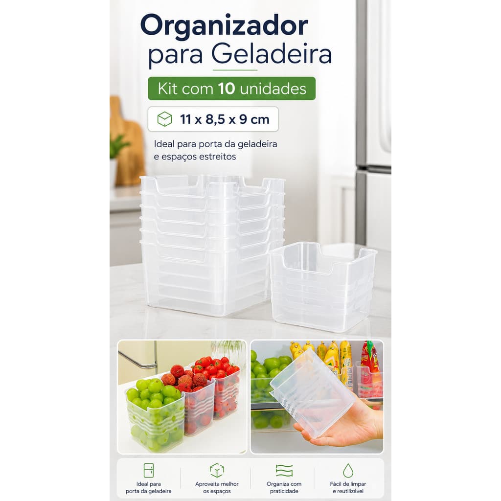 Kit 10 Organizadores Pequenos Multiuso para Geladeira Cozinha Despensa Armário e Gavetas