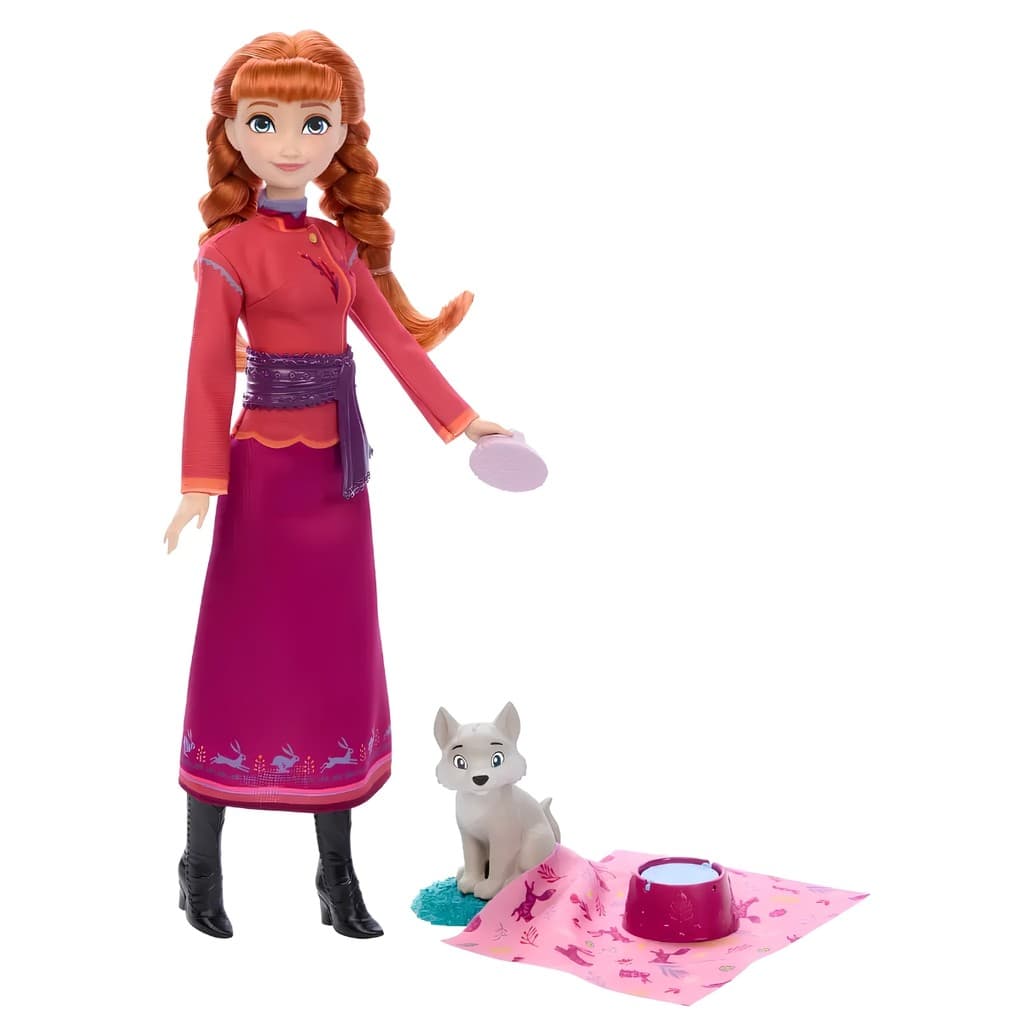 Boneca Articulada Disney Frozen Anna Com Bebê Lobo E Acessórios Animais Original Mattel