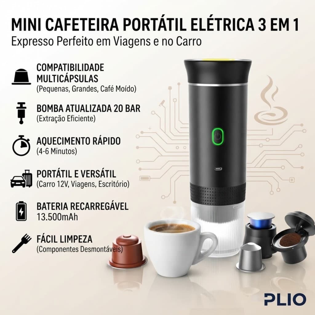 Mini Cafeteira Elétrica Portátil 3 em 1 Expresso para Viagens e Carro 