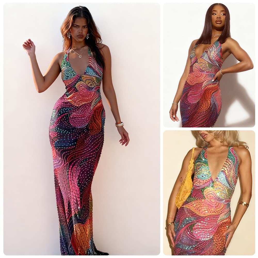 Vestido feminino de sucesso, vestido longo colorido com decote em V profundo e alças, vestido de festa justo com fenda, 