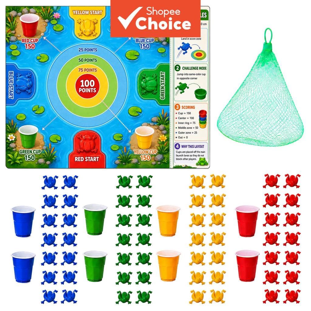 Jogo de Tabuleiro de Salto de Sapos para 4 Jogadores – Divertido para Família e Amigos, com 56 Sapos Coloridos, 8 Copos,