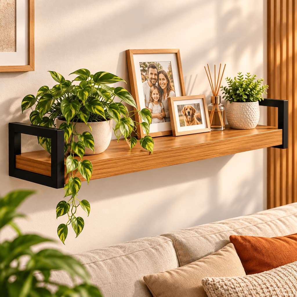 Prateleira de Parede Decorativa com Suporte Preto Estilo Industrial Madeira MDF 40 a 119,5cm Sala Quarto Cozinha