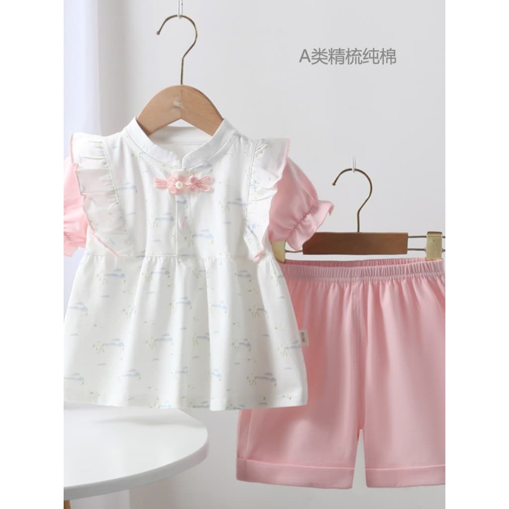 Meninas manga curta terno verão roupas de bebê 1 ano de idade moda menina Hanfu 2 bebê menina manga curta Shorts criança