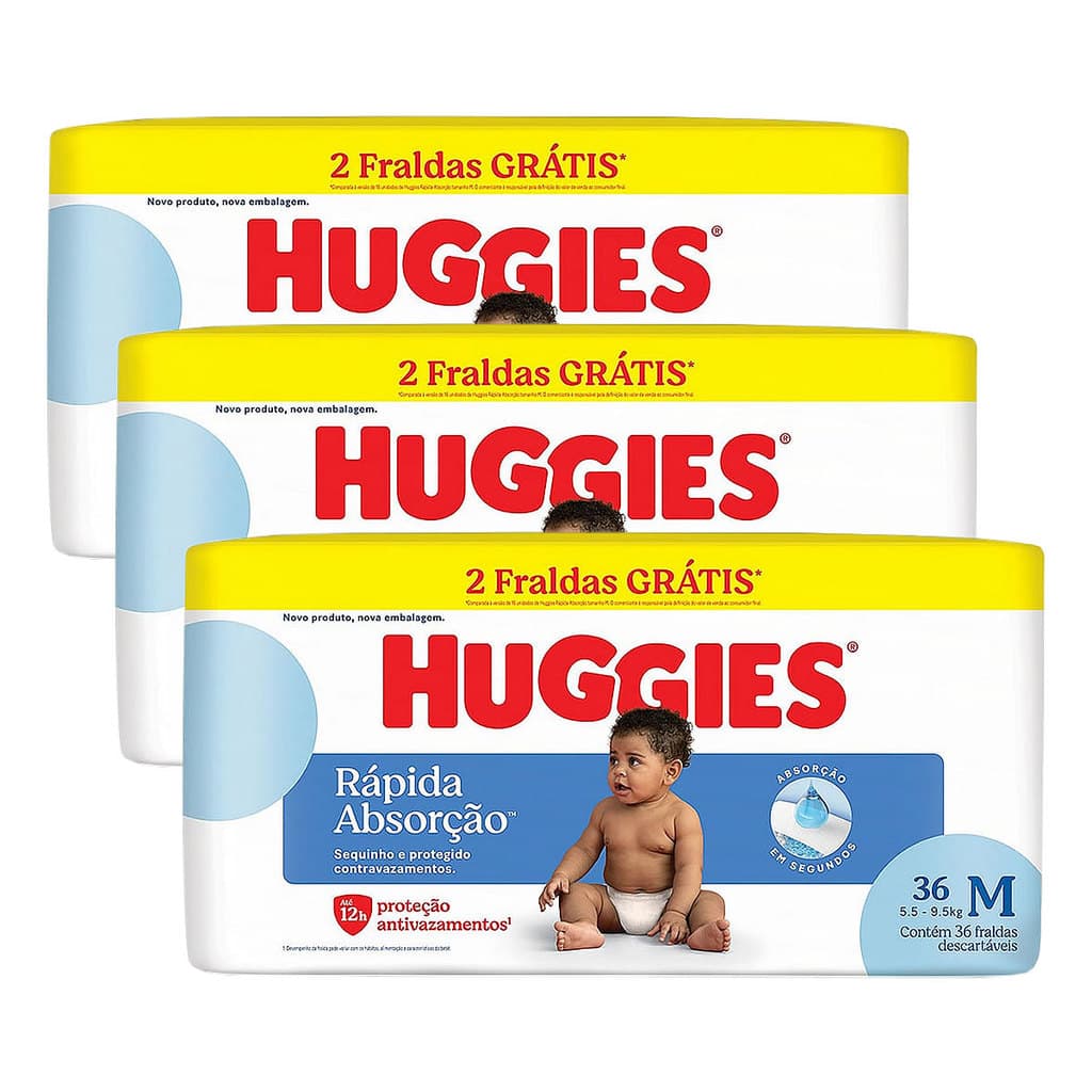 Kit 3 Fralda Infantil Huggies Meguinha Tamanho M 36 Und