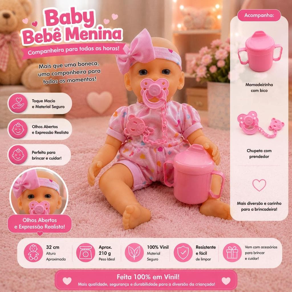 Boneca Bebê Reborn branca Articulada 32cm Vinil Sem cabelo