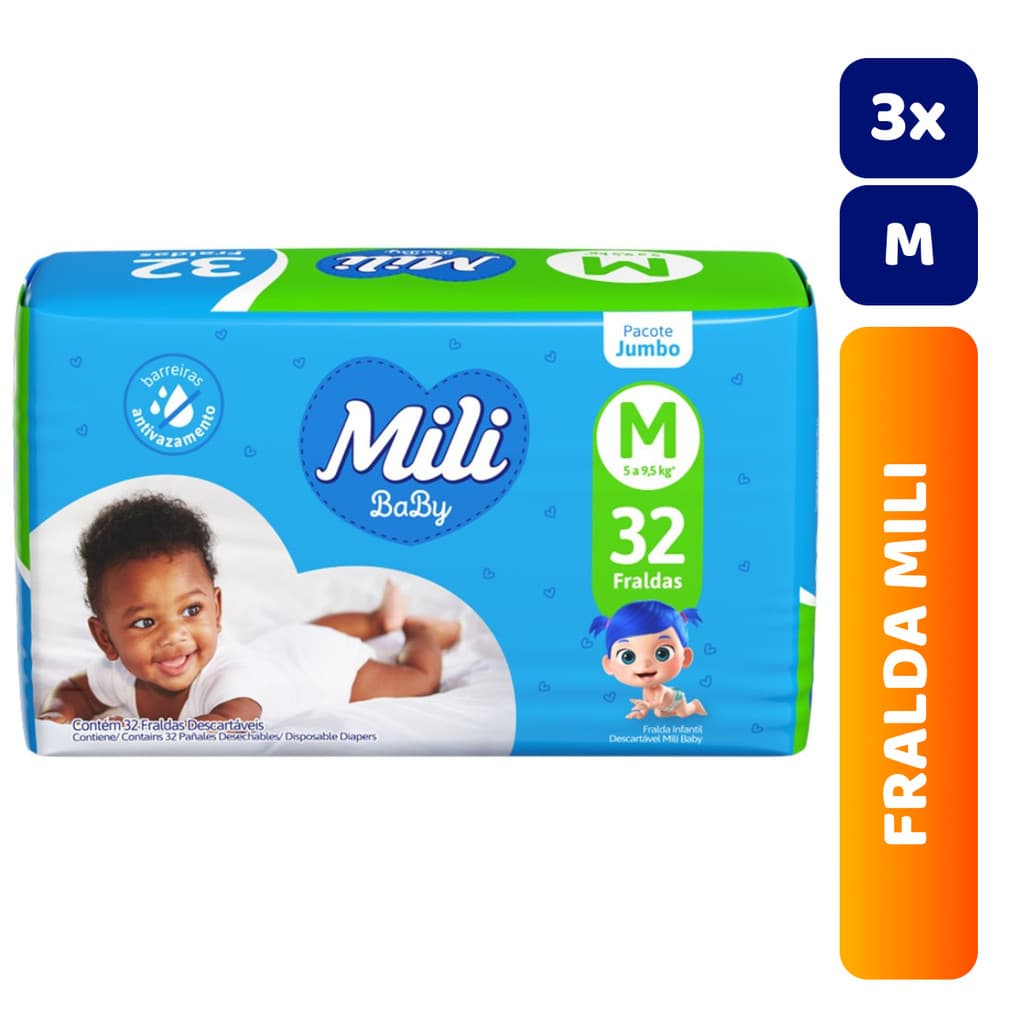 Kit 3x Fralda Infantil Mili Jumbo Ultra Seca C/32 M
