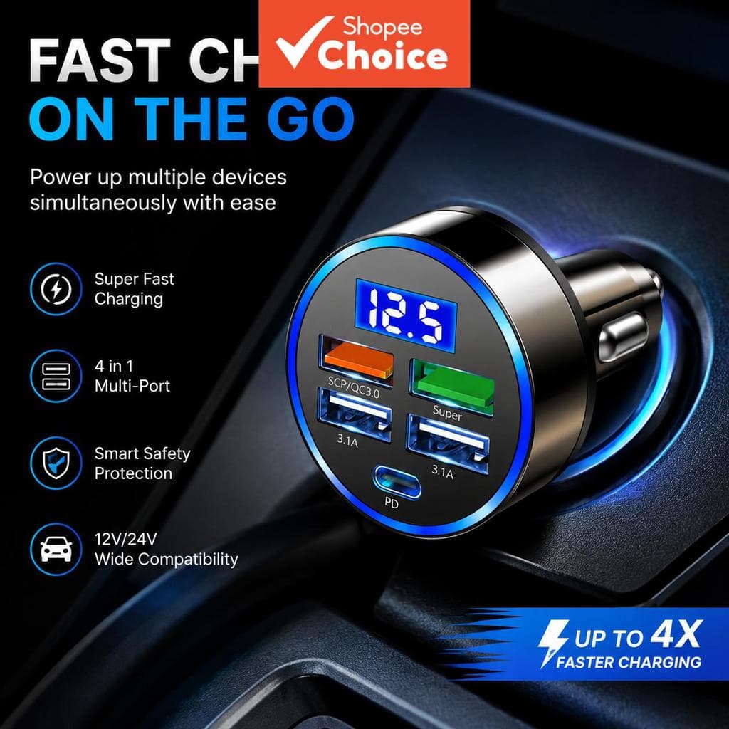 5 Em 1 Carregadores USB Adaptador De Telefone Para Carro Display De Tensão PD Duplo Carga Rápida 12-24V