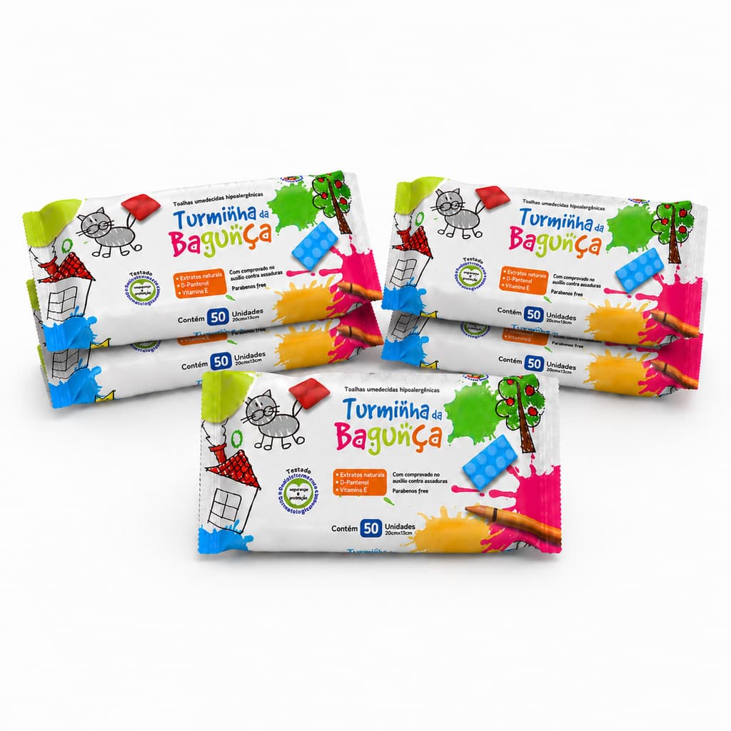 Kit 5 Lenços Umedecido Infantil 50 Folhas - Hidratação Limpeza Suave Bebê - Turminha da Bagunça