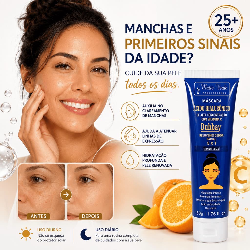 Creme Facial Acido Hialurônico + vitamina C Anti Idade +25 Cuidado para  Linhas e Manchas Mato Verde