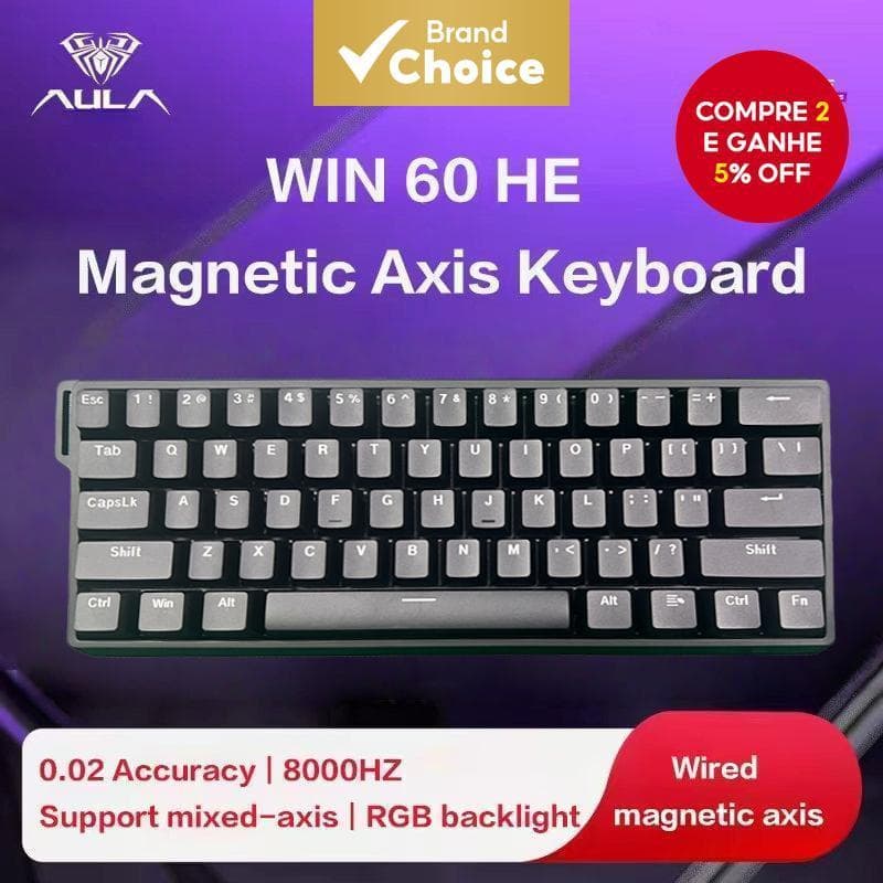  Teclado Mecânico Magnético de Eixo com Fio Preto AULA Win 60HE - Personalização DIY, para jogos FPS, RGB