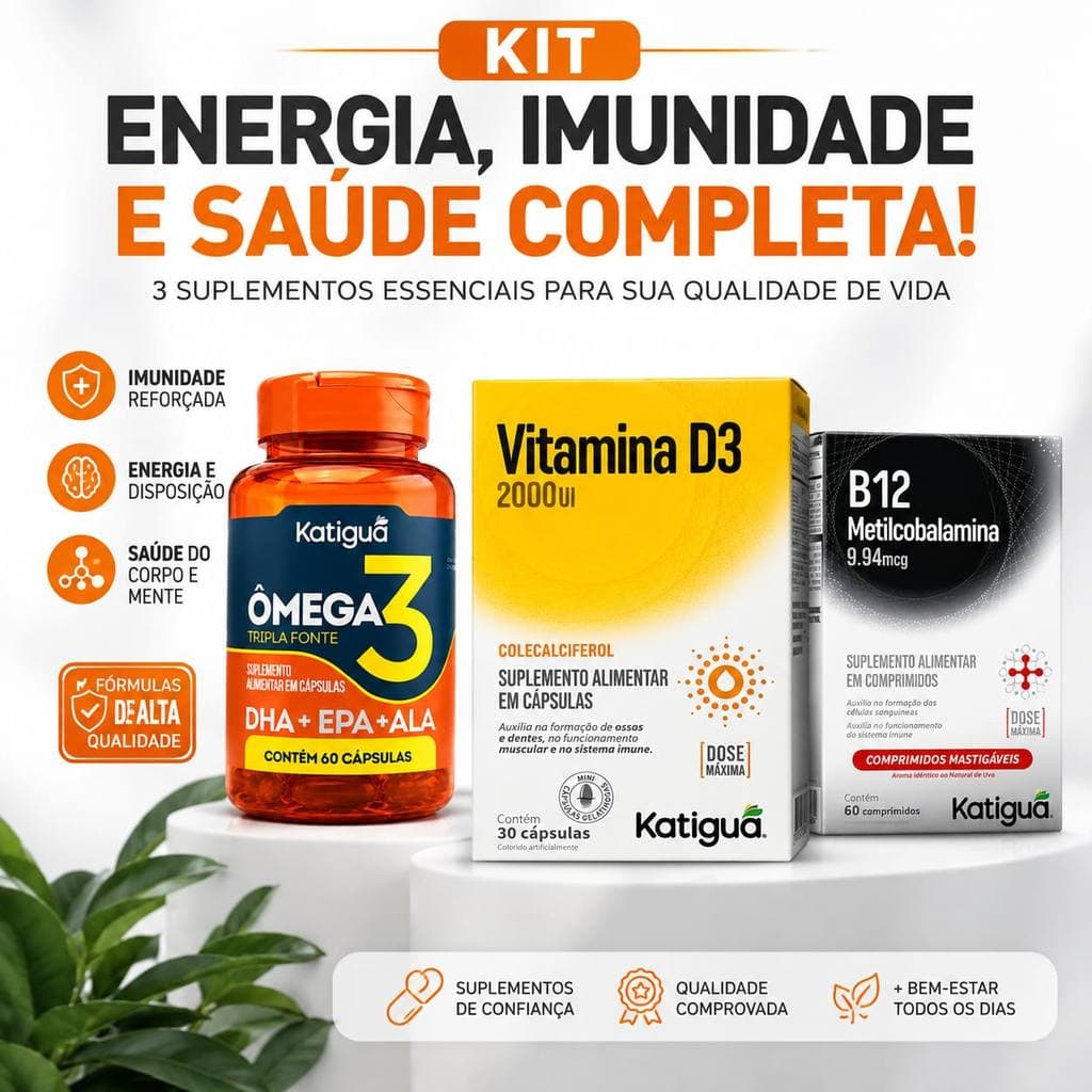 Kit Ômega 3 + Vitamina D3 2000UI + Vitamina B12 | Suplemento Alimentar Completo | Energia e Imunidade