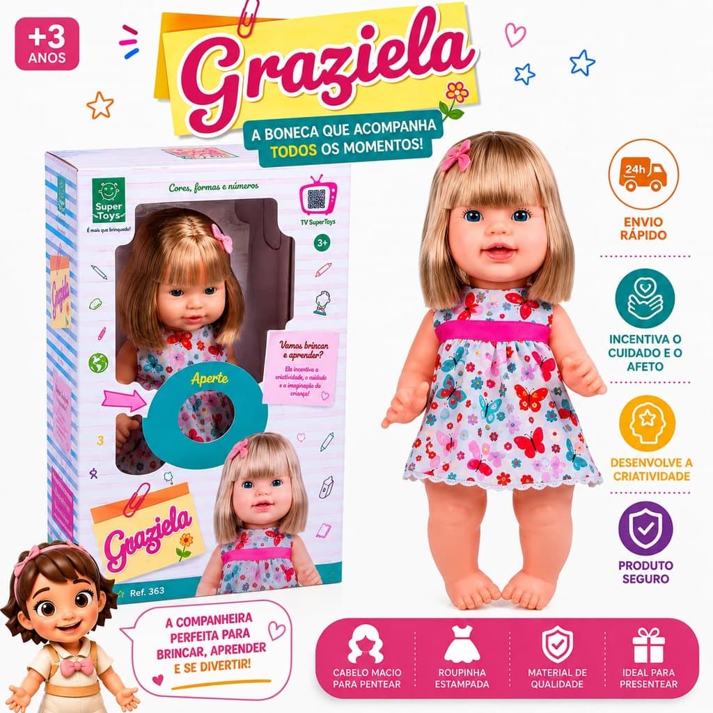Boneca Graziela Fala 60 Frases Educativa Ensina Cores, Números e Formas Brinquedo Infantil - Super Toys