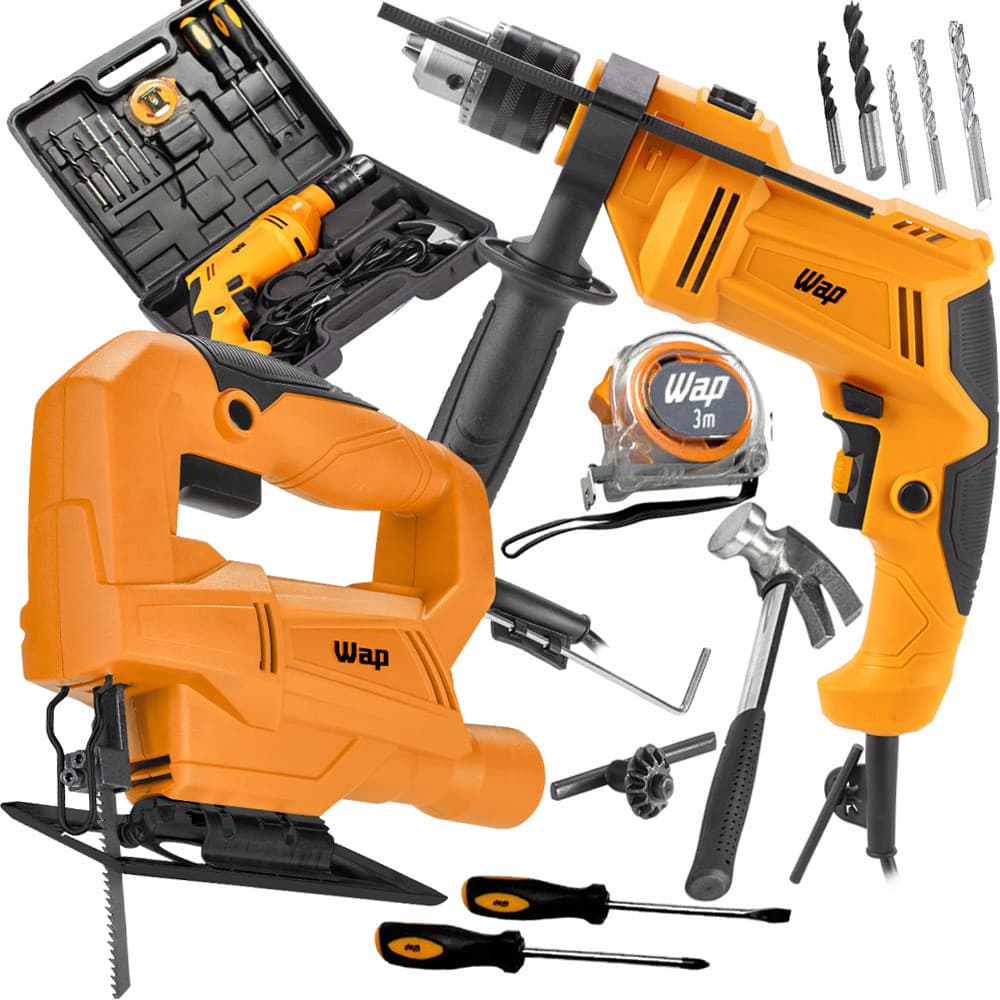 Kit Ferramentas Serra Tico Tico 550W Corta Madeira e Aço com Parafusadeira e Furadeira 700W WAP