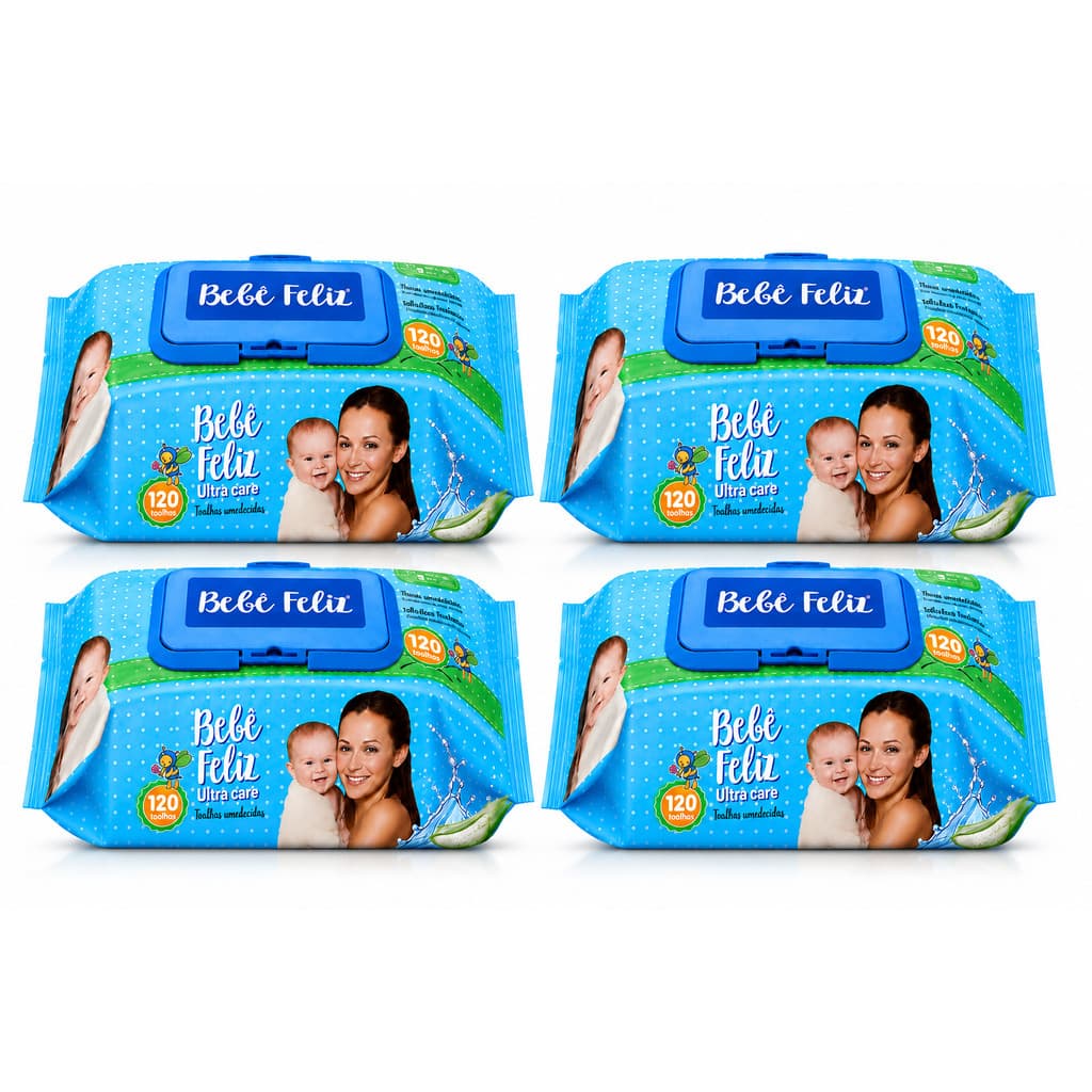 Kit 4 Lenços Toalhas Umedecidas Bebê Feliz 480 Un Aloe Vera higiene pessoal criança limpeza macio