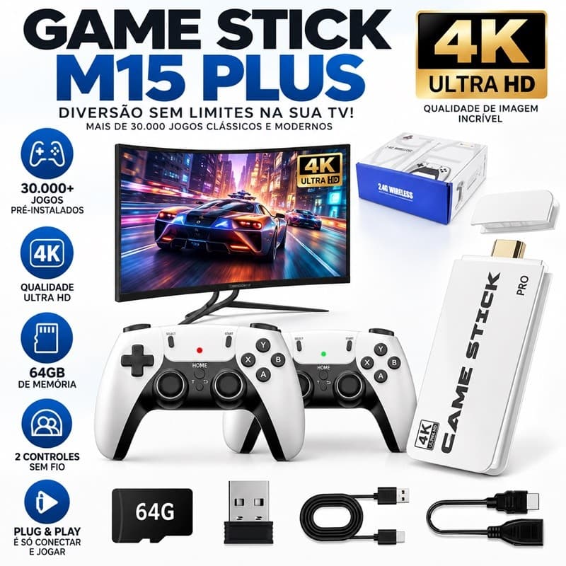 Vídeo Game Stick M15 Pro 4k 64gb Hdmi Com 2 Controles Se Fio +20mil Jogos dibea