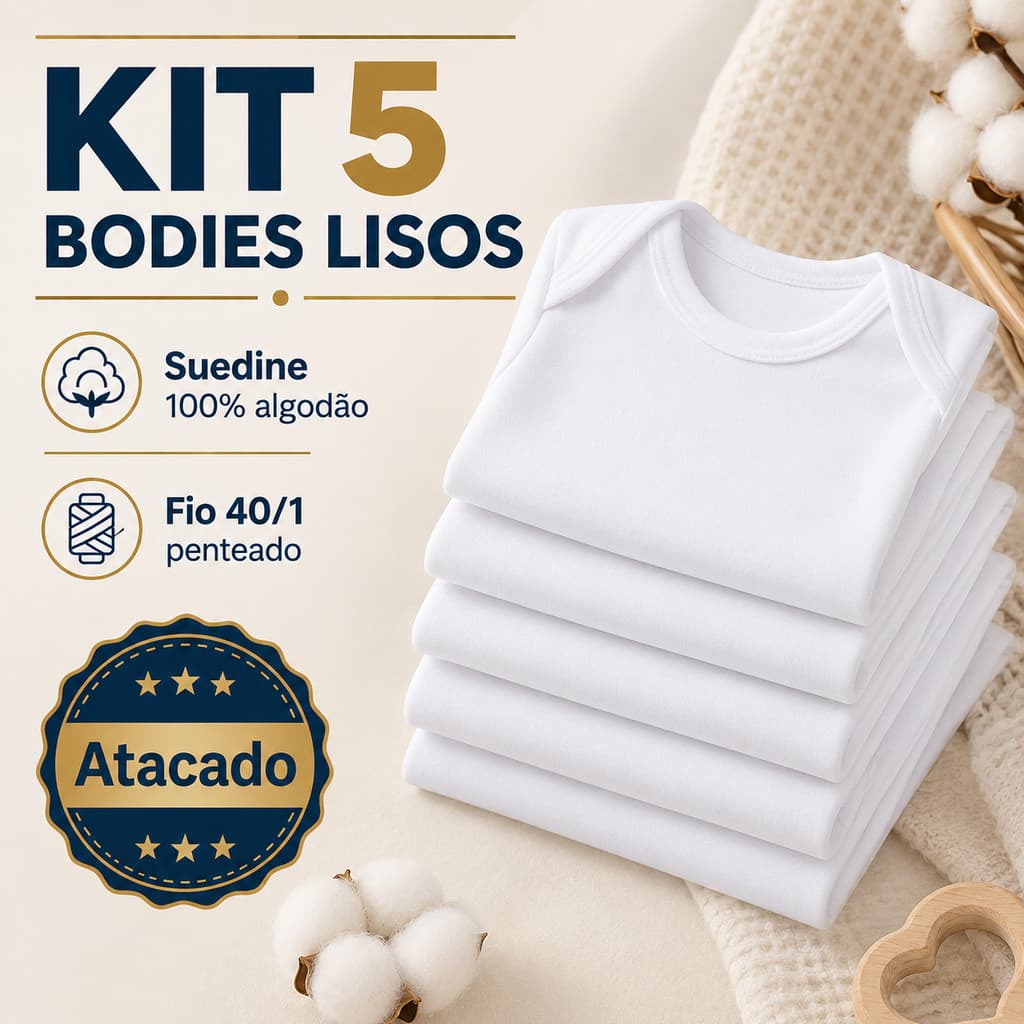 Kit 5 Body Bebê Curto Enxoval Atacado 100% Algodão Suedine Penteado