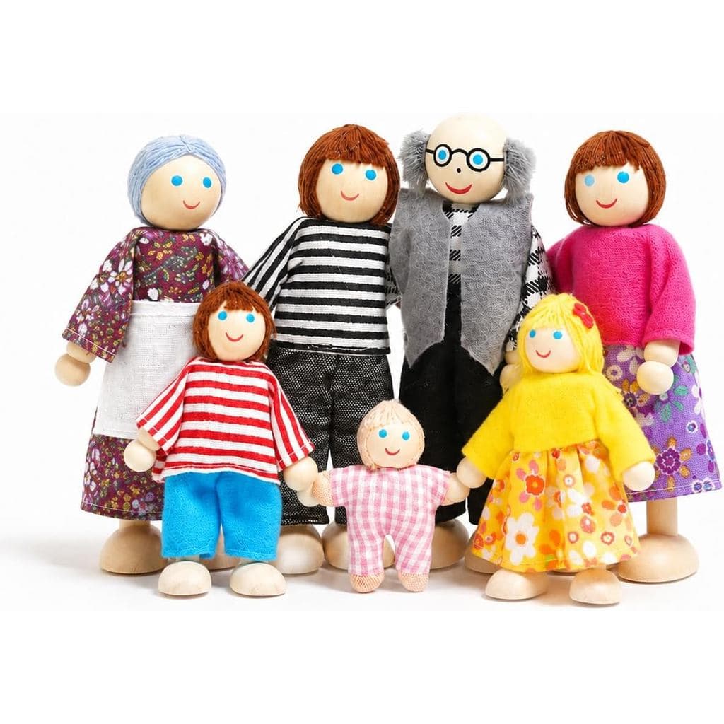 7 peças de bonecos de madeira para casa de bonecas, bonecos de família de madeira articulados para casa de bonecas em es
