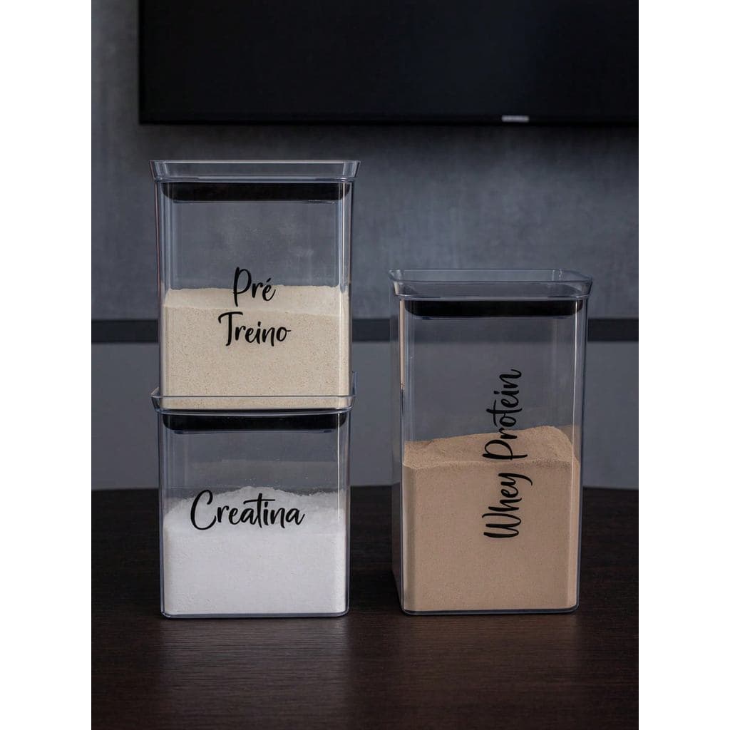 Kit 3 Potes Herméticos Transparentes para Suplementos Pré Treino, Creatina, Whey Protein