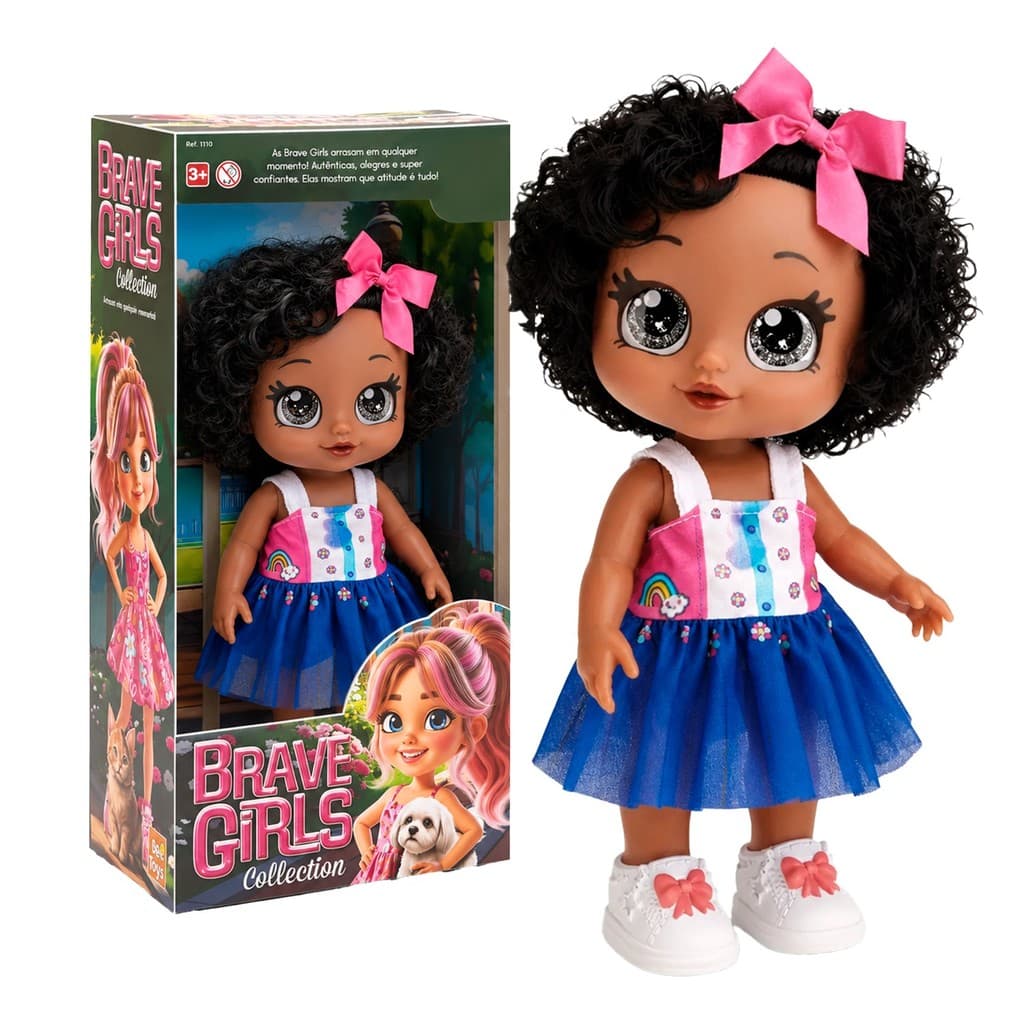 Boneca Brave Negra Articulada Laço Rosa Cabelo Cacheado Olhos Grandes Brilhantes Para Crianças