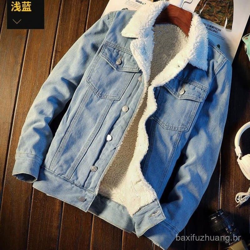 Inverno forro de lã denim jaqueta masculina engrossado quente denim jaqueta outono inverno solto tamanho grande jaqueta 