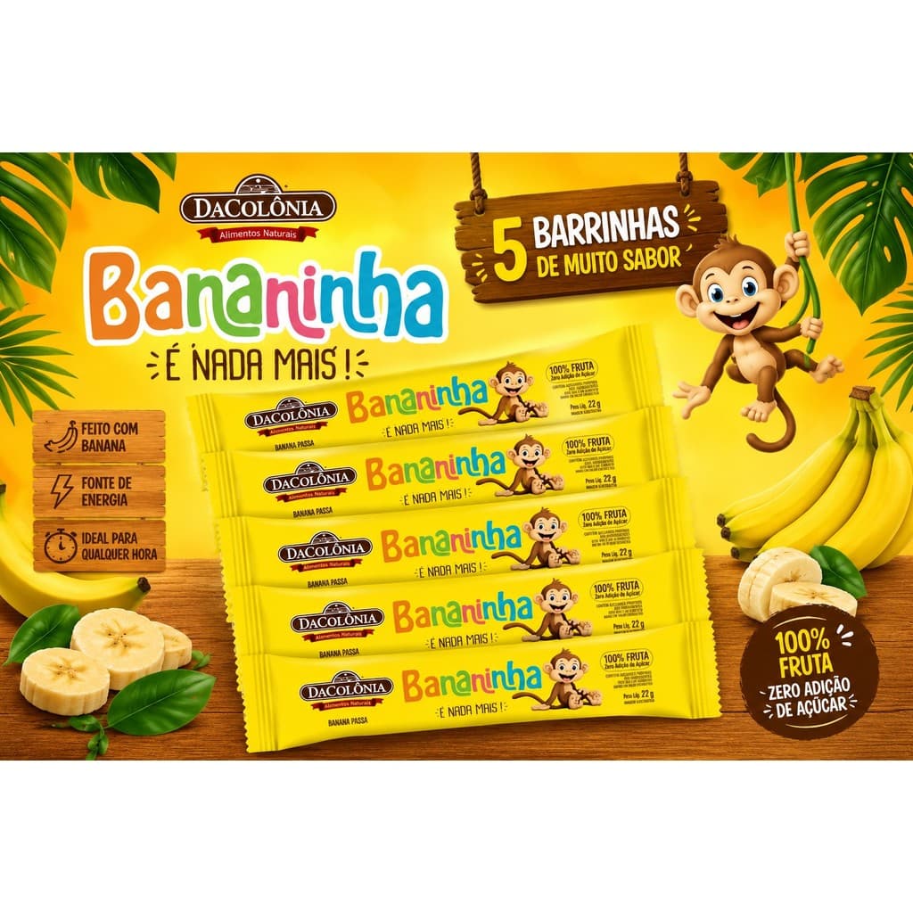 Kit 05 Bananinhas DaColônia Pura Fruta Zero Açúcar 22g cada | 100% Banana | Lanche Natural e Saudável