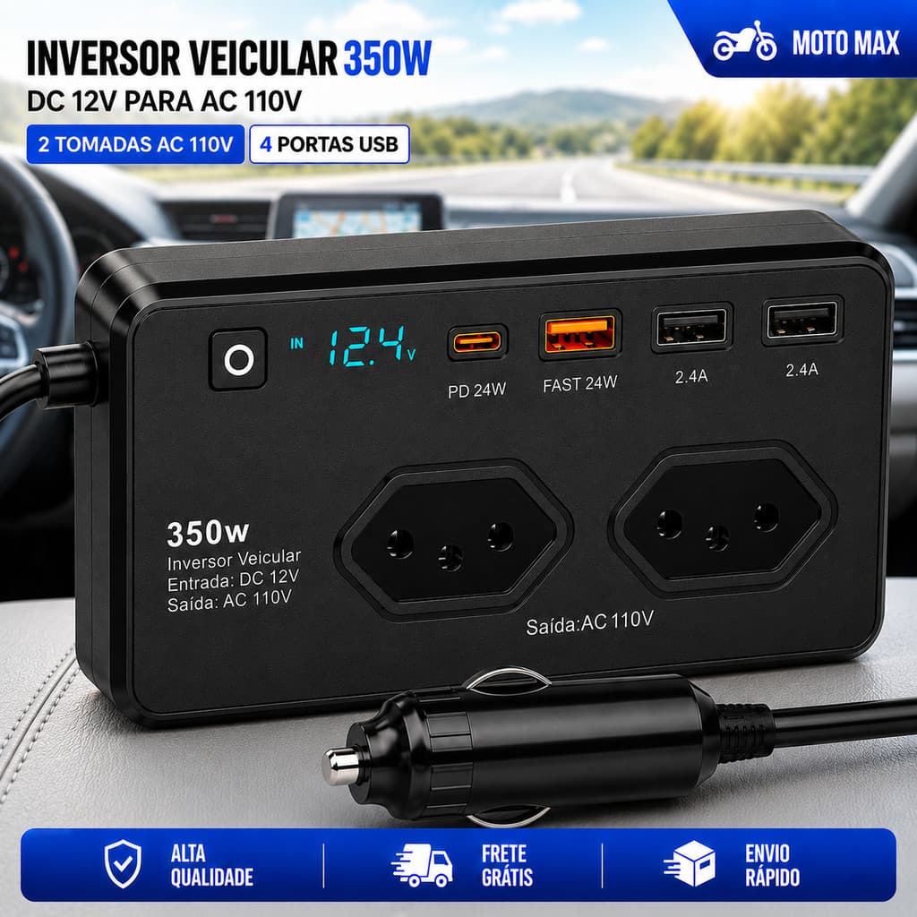 Inversor Veicular 350W 12V Para 110V + Display Digital + 2 Tomadas AC + USB-A e USB-C PD 24W Carregador Rápido