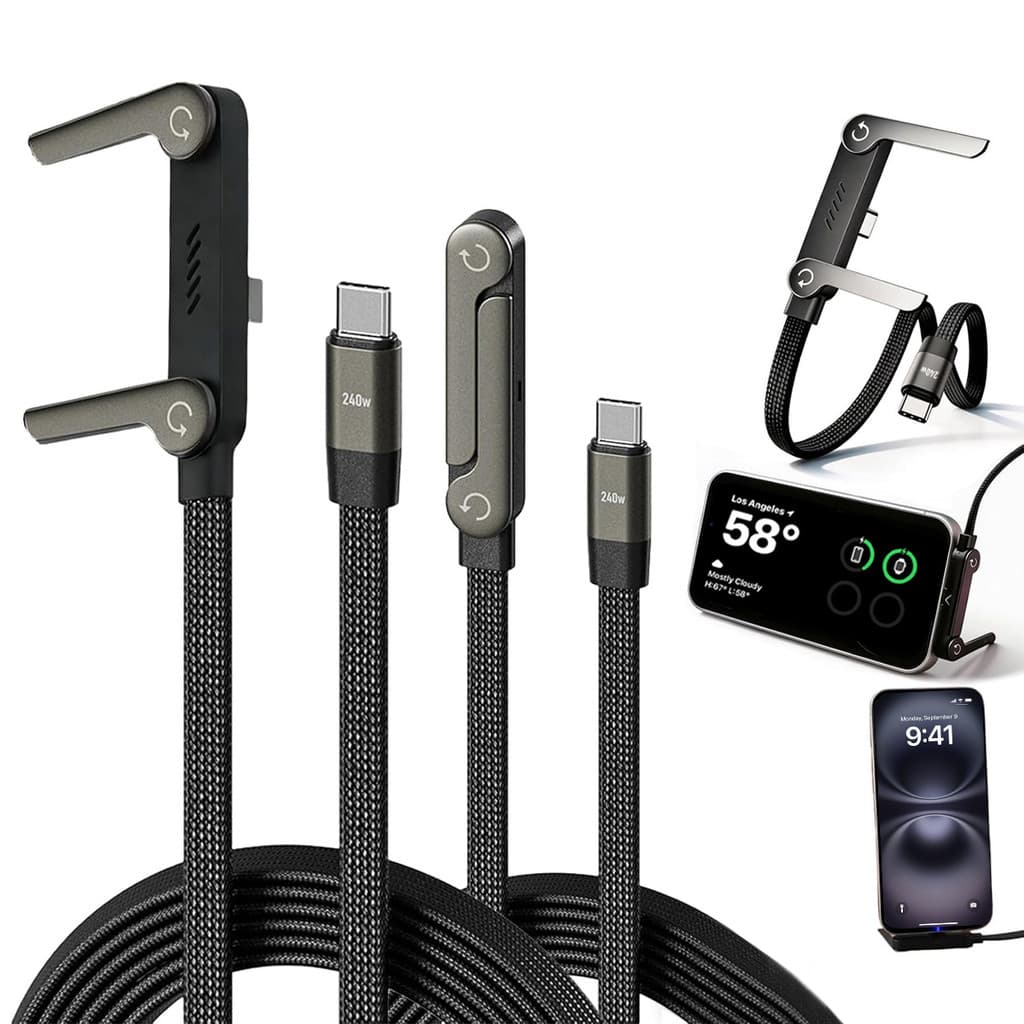 2m Cabo Tipo-C 240W Carregamento Rápido 90° com Suporte Dobrável para iPhone 15 16 17 Xiaomi Samsung e Celular