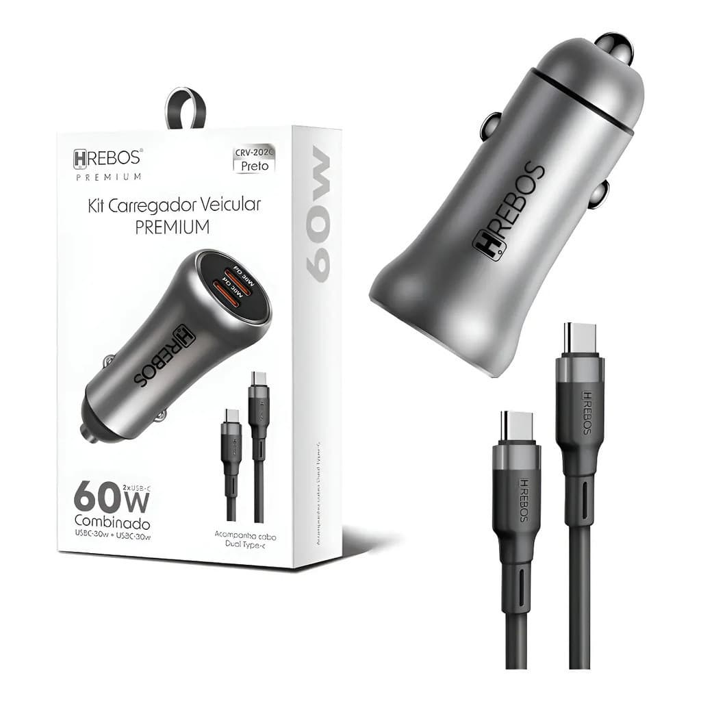 Hrebos Carregador Veicular Turbo 60w Saída Dupla Tipo C Carga Rápida