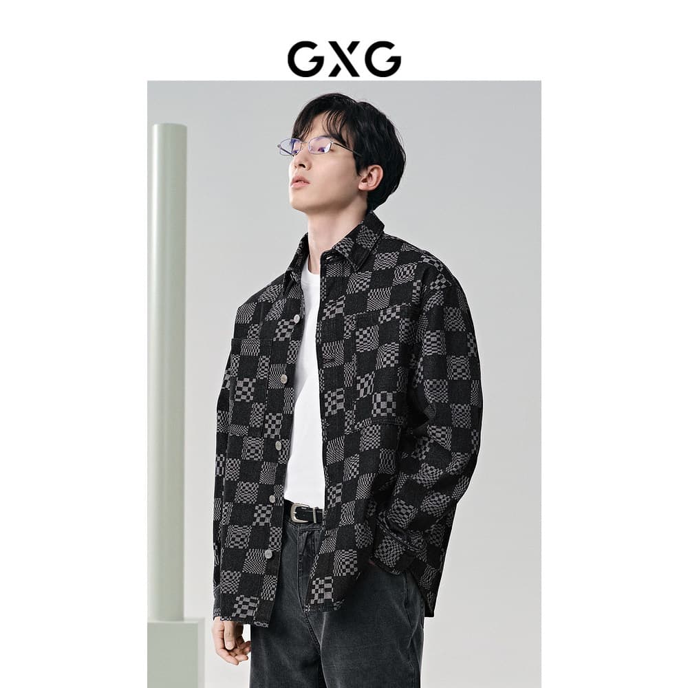 GXG Masculino Checkerboard Jacquard Moda Jaqueta Commuter Exterior Desgaste Camisa Jaqueta Masculina Outono Inverno Vend