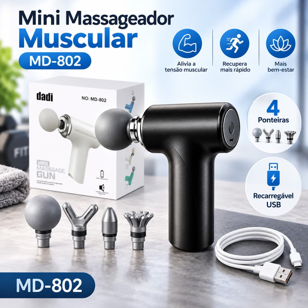 Mini Massageador Muscular Pistola Elétrica Recarregável USB 4 Ponteiras Portátil MD-802