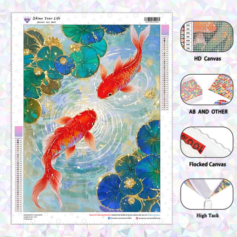 [PL Diamantes AB Atualizados + Tecido Flocado] Folhas De Koi E Lótus Pintura De Diamante 5D DIY Artesanato Mosaico Borda
