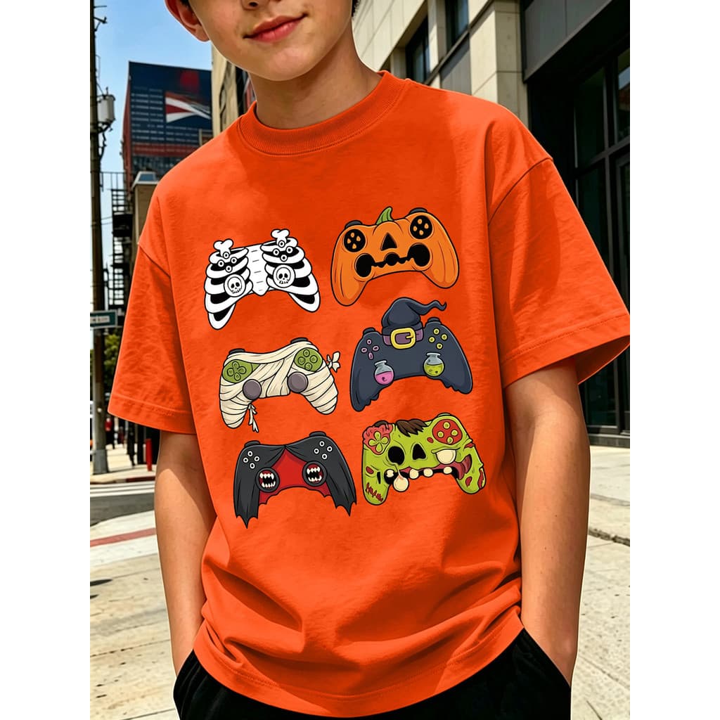 Camiseta Infantil de Algodão Halloween com Estampa Divertida de Controle de Videogame