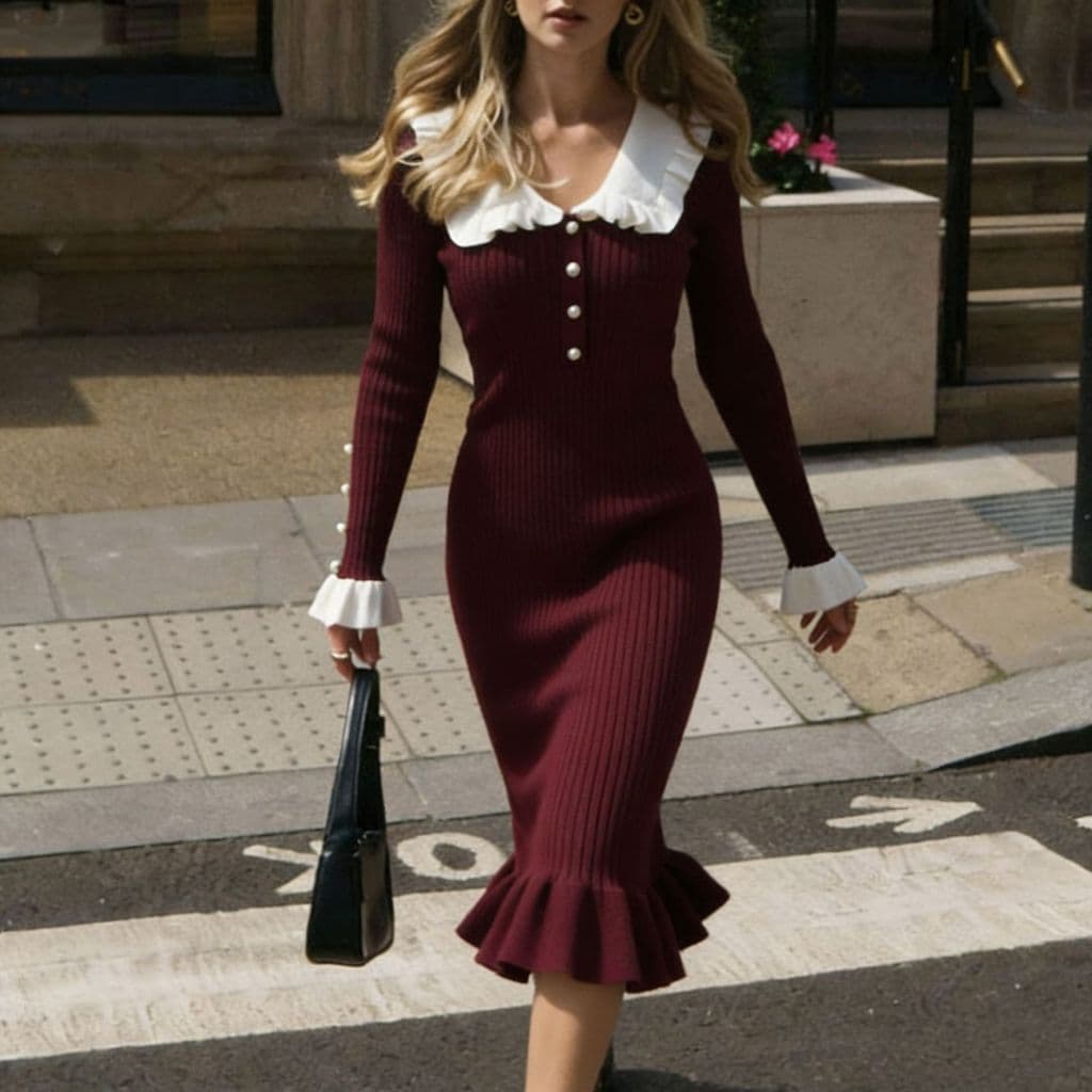 Venda quente vestido feminino europeu americano vestido francês babados vestido 2026 Retro senhoras saia de malha outono