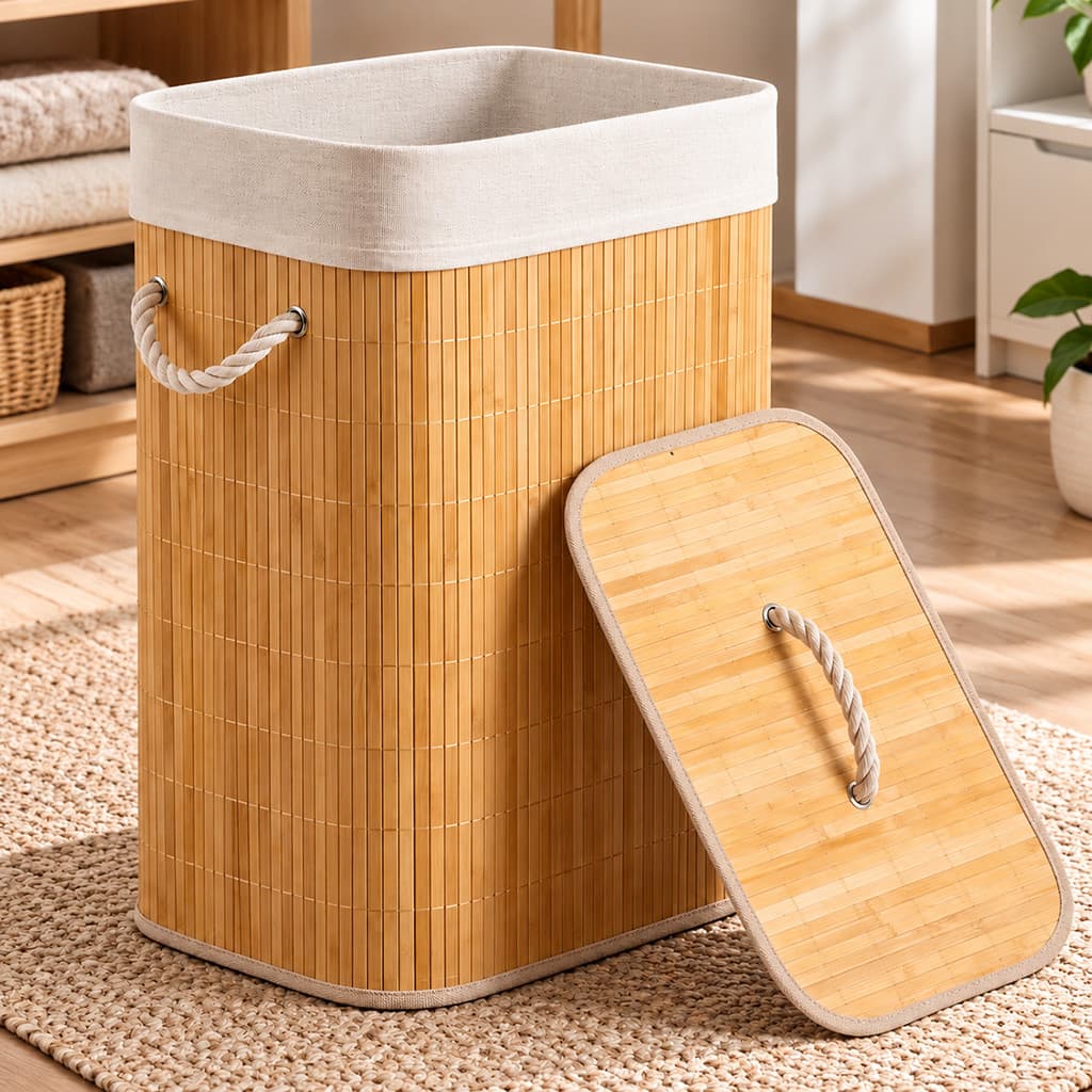 Cesto de roupa suja bambu dobrável 72L alta capacidade, com tampa e alças, organizador para lavanderia,quarto e banheiro