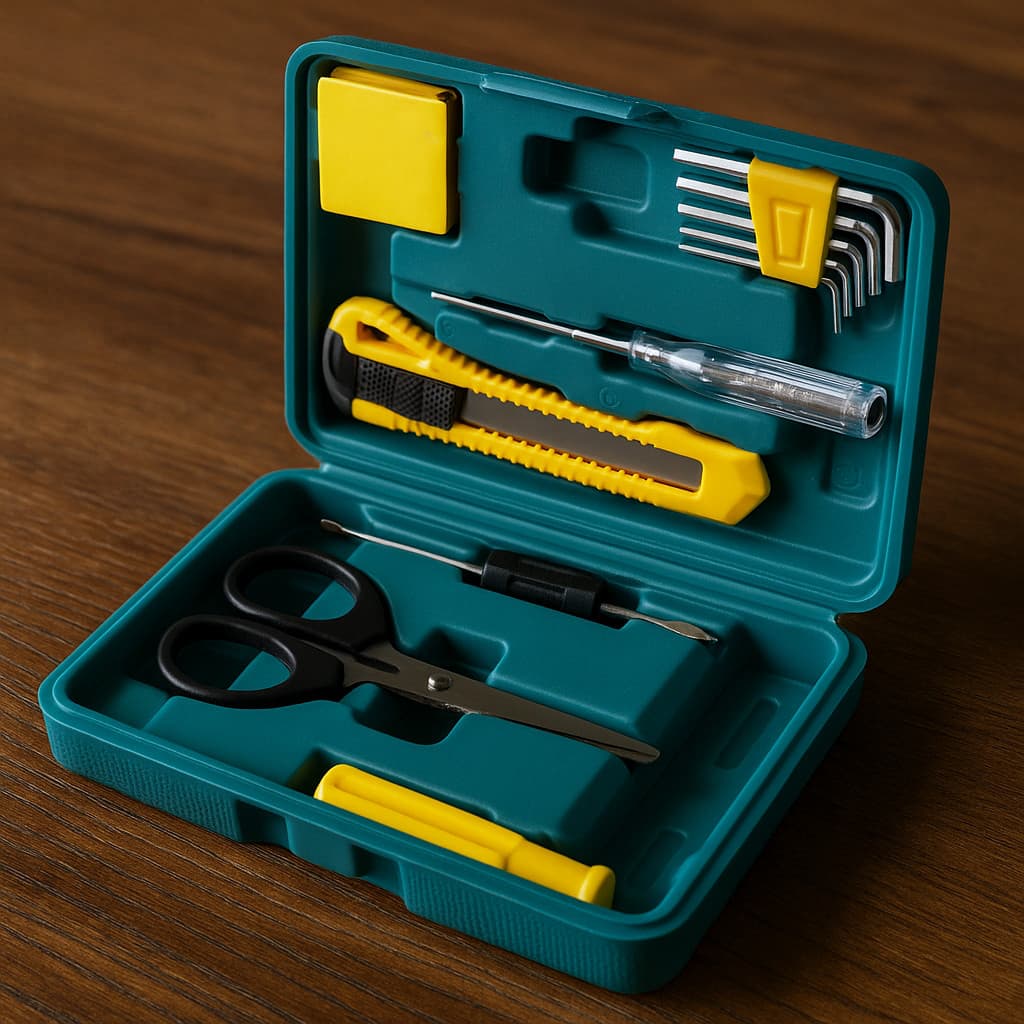 Kit de ferramentas manutenção universal conjunto completo e portátil Maleta 9 Pçs Chave Allen Tesoura Estilete Multiuso