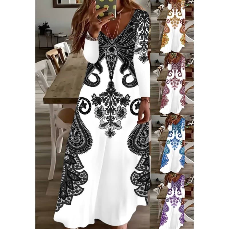 Primavera Outono Vestido Feminino Estampado Saia Feminina E Longa De Manga Comprida
