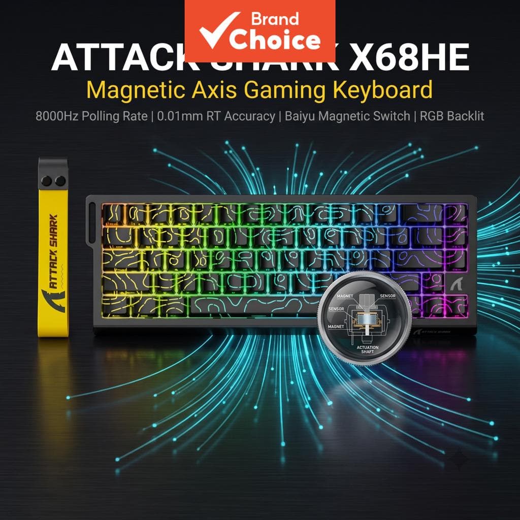 Teclado mecânico de jogos Attack Shark X68HE com fio, gatilho rápido de 0,01 mm, taxa de retorno alta de 8K, placa de
